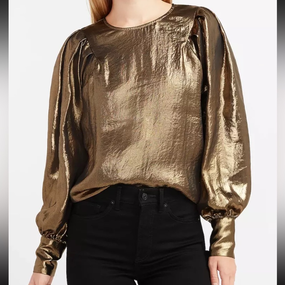 Express Gold Metallic Crinkle 80's Style Throwback Look Puff Sleeve Blouse Top s